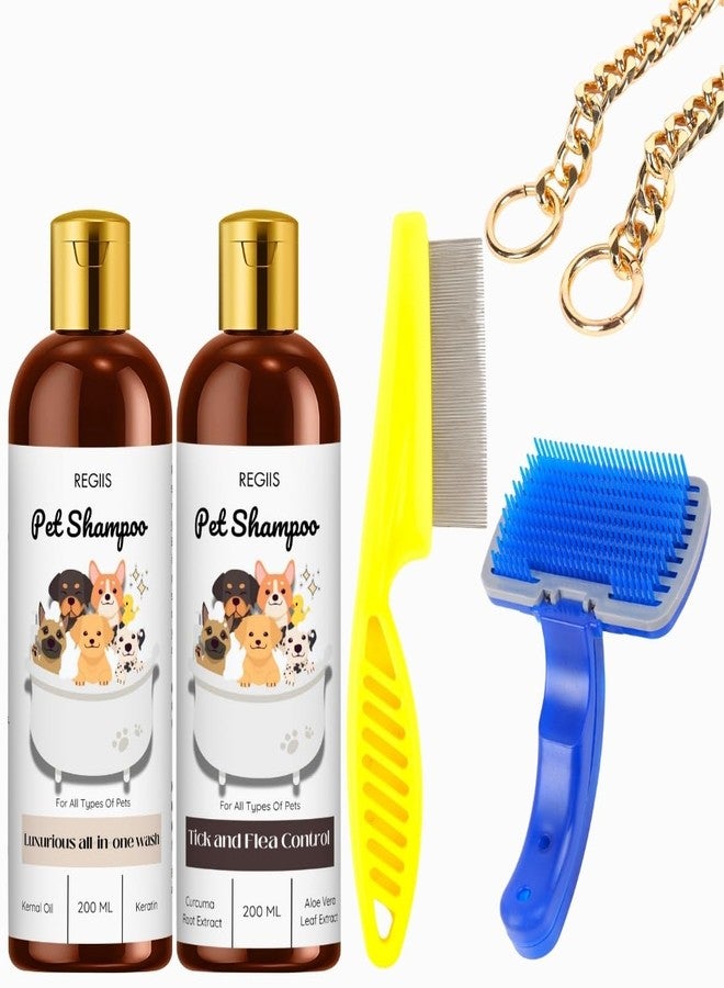 مجموعة شامبو الحيوانات الأليفة من ريجيس مع أدوات العناية، شامبو للكلاب ومكافحة القراد والبراغيث، 200 مل، تتضمن فرشاة ذاتية التنظيف، مشط للبراغيث، سلسلة معدنية (5 قطع) - Image 1